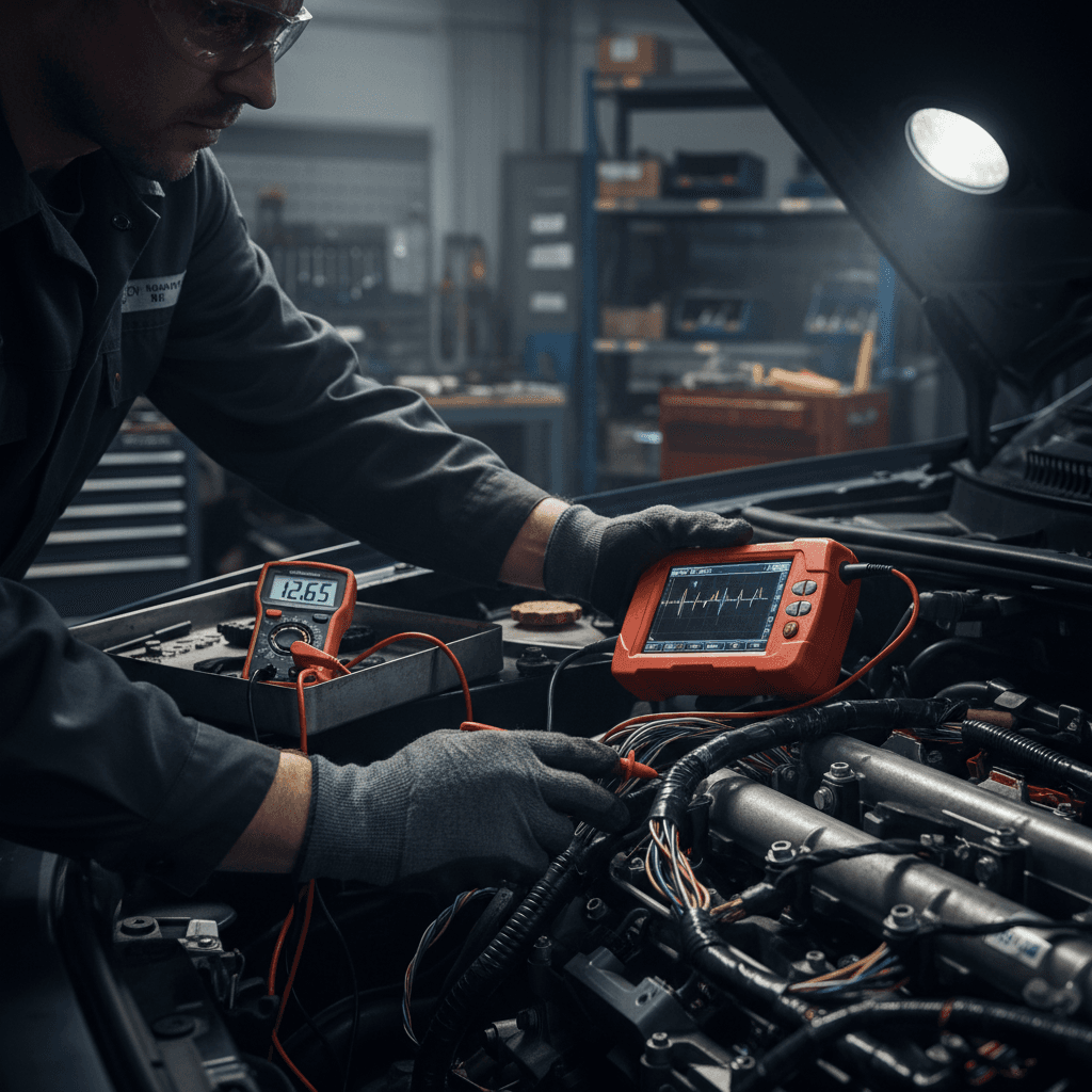 Close-up of a mechanic in a navy work jacket clamping a handheld dynamo tester onto a car battery in an open engine bay, afternoon daylight on steel and cables, documentary photo