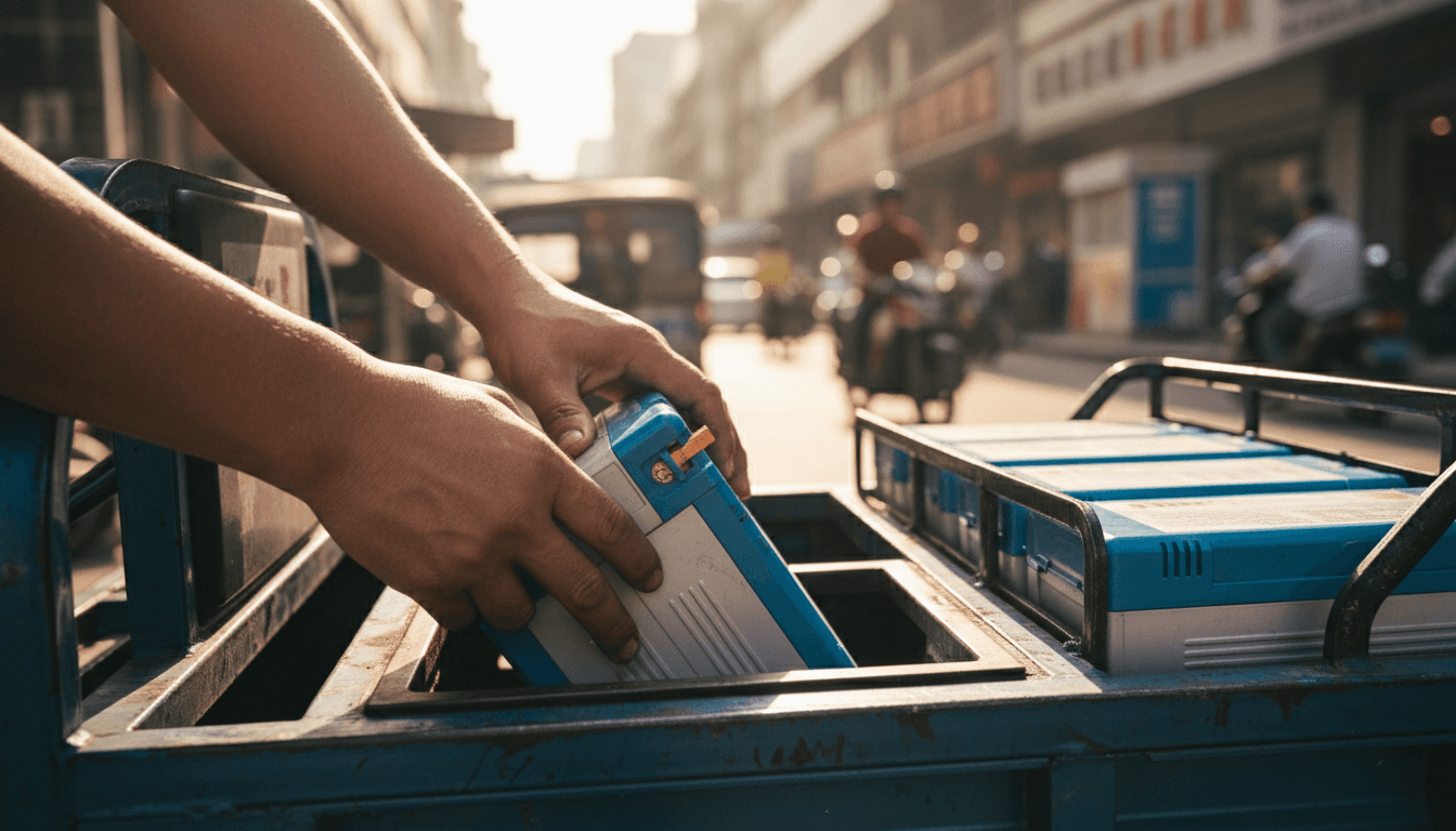 Technician carrying a used lead-acid car battery in a marked recycling crate toward a van, suburban driveway, overcast daylight, realistic photo