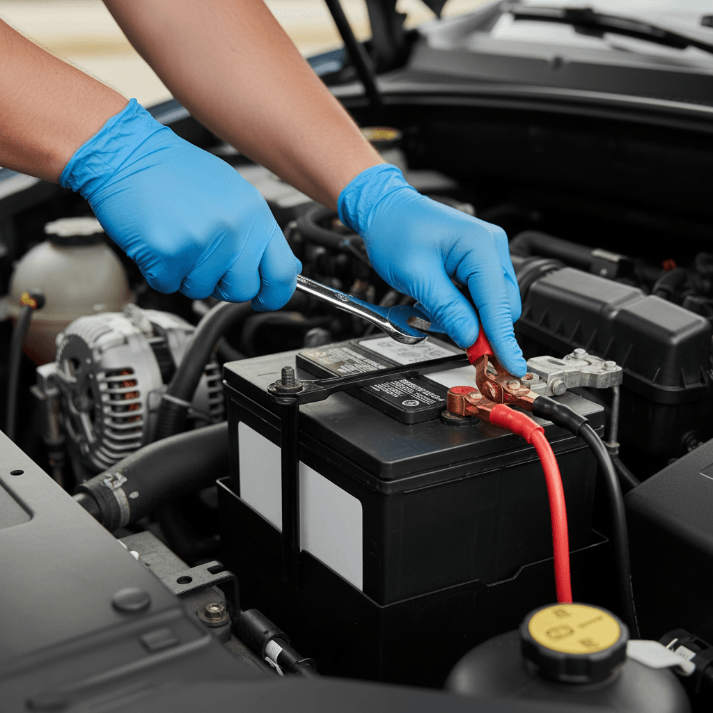 Technician in blue gloves carefully installing replacement battery in vehicle engine bay with visible terminals and mounting hardware