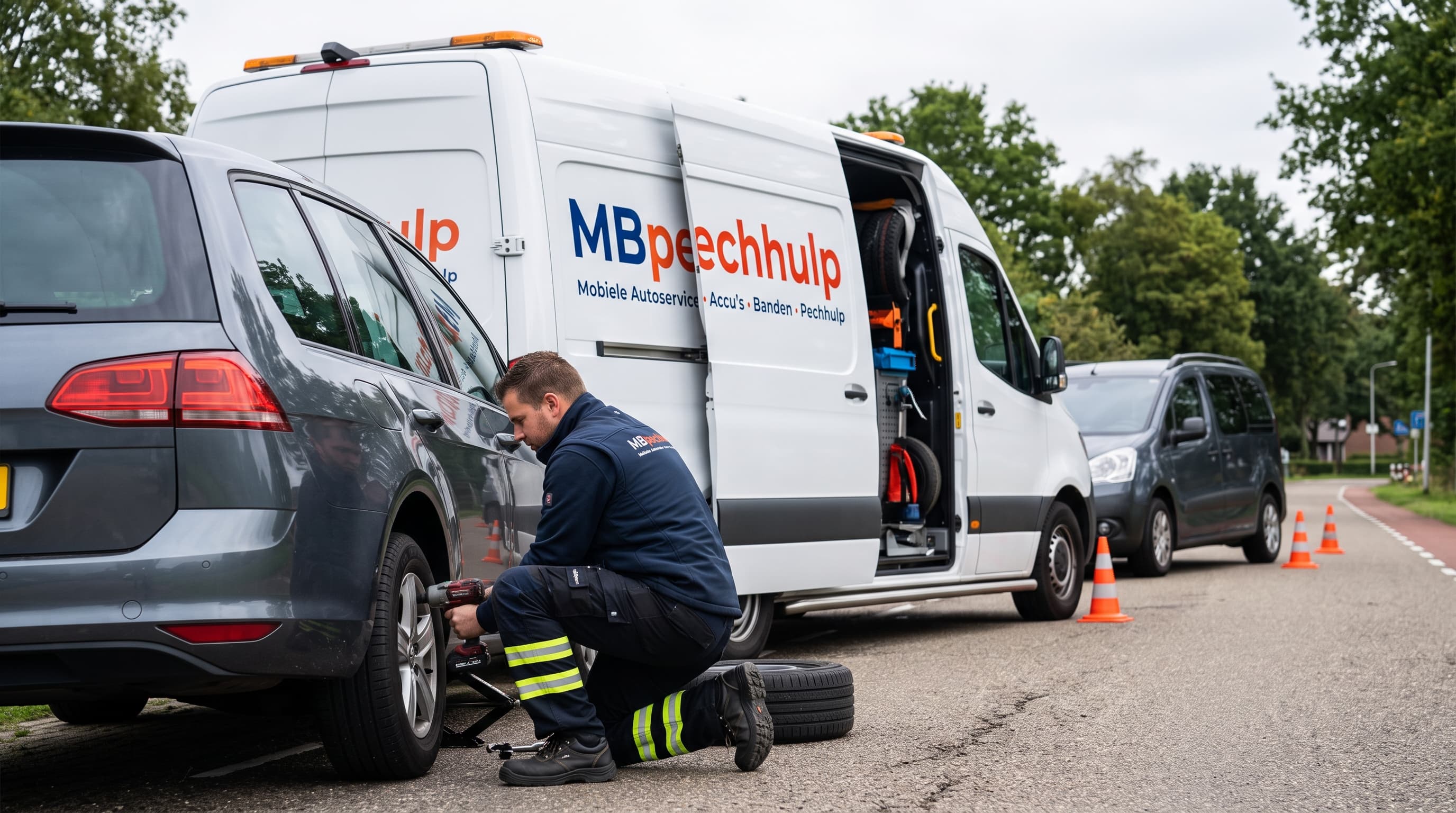 Pechhulpmonteur vervangt een wiel van een grijze auto naast een witte MB pechhulp bus.