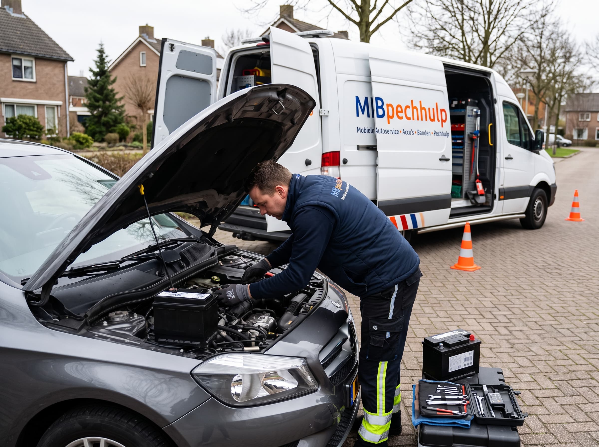 Monteur werkt aan de motor van een grijze auto naast een witte MB pechhulpbus.