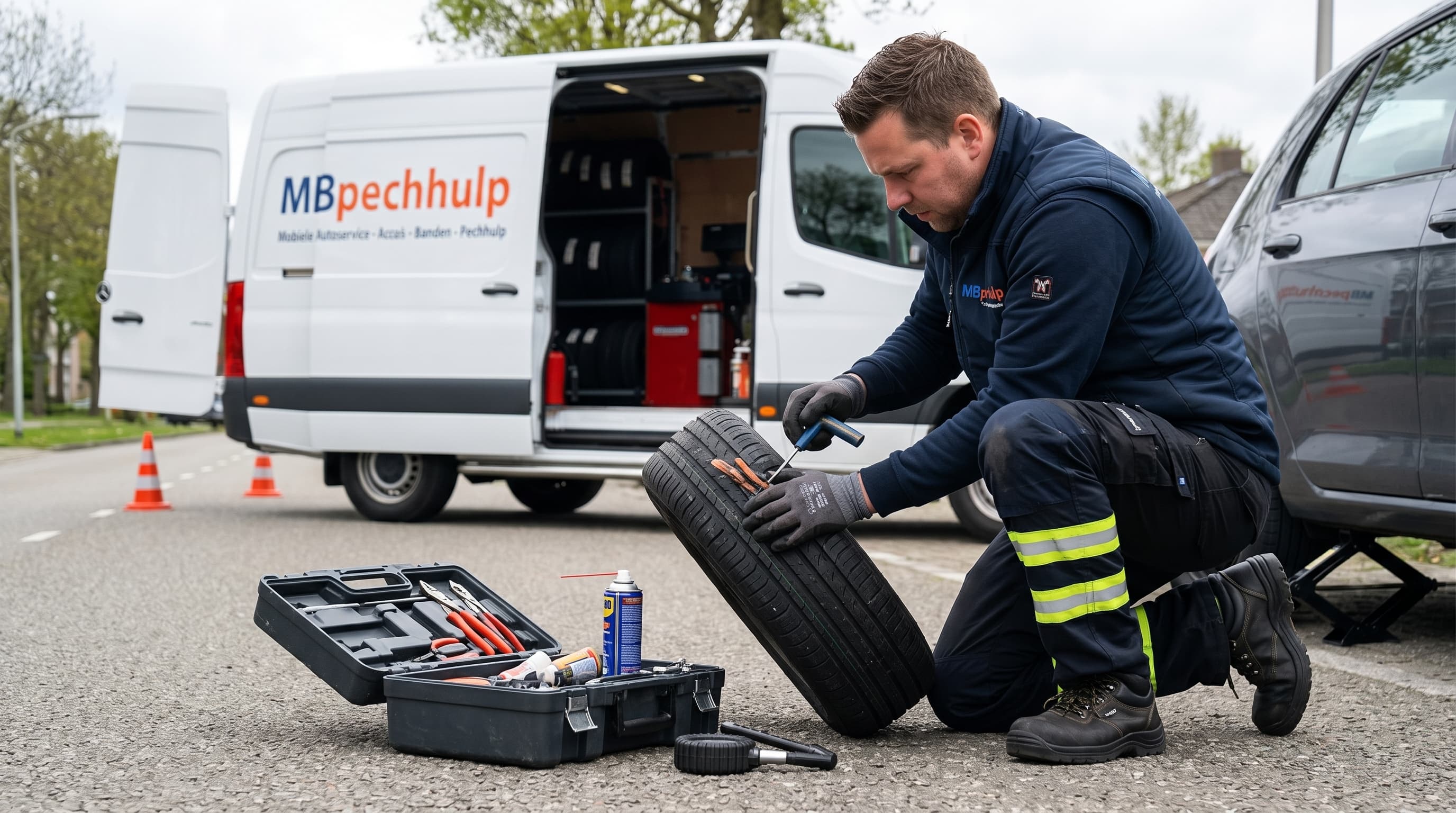 Een monteur repareert een autoband op straat naast een MBpechhulp servicebus met open gereedschapskist.